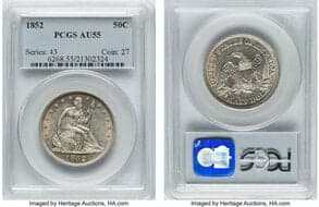 Seated Half Dollars 1852 50C AU55 PCGS. PCGS Population: 16 in 55, 66 finer (4/26). CDN: $2,300 Whsle. Bid for...