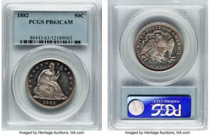 Proof Seated Half Dollars 1882 50C PR63 Cameo PCGS. PCGS Population: 29 in 63 (2 in 63+) Cameo, 92 finer (4/26)....