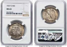 Walking Liberty Half Dollars 1927-S 50C MS63 NGC. CDN: $2,300 Whsle. Bid for NGC/PCGS MS63. Mintage 2,392,000. ...