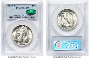 Walking Liberty Half Dollars 1939-S 50C MS67 PCGS. CAC. CAC: 234 in 67, 0 finer (5/26). CDN: $1,550 Whsle. Bid for...