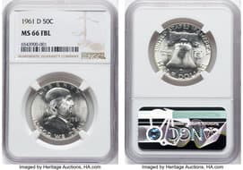 Franklin Half Dollars 1961-D 50C MS66 Full Bell Lines NGC. NGC Census: 34 in 66 (3 in 66+), 0 finer (6/26). CDN:...