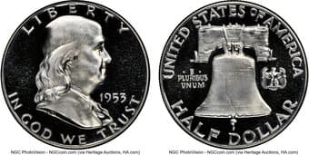 Proof Franklin Half Dollars 1953 50C PR68 Cameo NGC. CAC. CAC: 64 in 68, 0 finer (6/26). ...