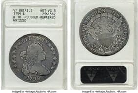 Early Dollars 1799 $1 7x6 Stars, B-10, BB-163, R.2 -- Plugged, Repaired, Whizzed -- ANACS Details. VF Details, Net VG8....