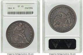 Seated Dollars 1844 $1 OC-1, R.2, XF45 ANACS. Housed in a small-sized holder. Mintage 20,000. From The Cole Carter...