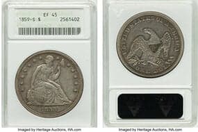 Seated Dollars 1859-S $1 OC-1, R.2, XF45 ANACS. Housed in a small-sized holder. Mintage 20,000. From The Cole Carter...