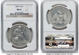 Seated Dollars 1860-O $1 MS61 NGC. OC-2, R.1. CDN: $1,900 Whsle. Bid for NGC/PCGS MS61. Mintage 515,000. From The...