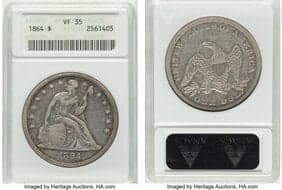 Seated Dollars 1864 $1 OC-1, R.2, VF35 ANACS. Housed in a small-sized holder. Mintage 30,700. From The Cole Carter...