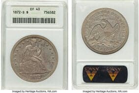 Seated Dollars 1872-S $1 OC-1, Low R.3, XF40 ANACS. Housed in a small-sized holder. Mintage 9,000. From The Cole...