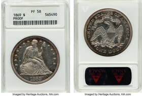Proof Seated Dollars 1869 $1 FS-301, OC-P4, JD-4, Low R.5, PR58 ANACS. Housed in a small-sized holder. Mintage 600. ...