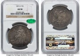 Trade Dollars 1873-S T$1 AU58 NGC. CAC. NGC Census: 18 in 58, 79 finer. CAC: 6 in 58, 15 finer (5/26). CDN: $1,550...