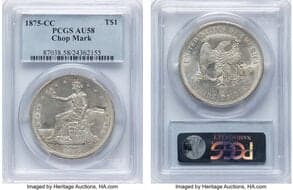 Trade Dollars 1875-CC T$1 Chop Mark, Type One Reverse, JK-7, HA-12, R.3, AU58 PCGS. CDN: $1,600 Whsle. Bid for NGC/PCGS...