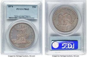 Proof Trade Dollars 1874 T$1 PR63 PCGS. PCGS Population: 57 in 63, 64 finer (4/26). CDN: $2,400 Whsle. Bid for...