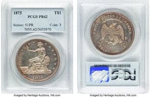 Proof Trade Dollars 1875 T$1 Type One Reverse PR62 PCGS. PCGS Population: 56 in 62, 147 finer (4/26). CDN: $2,050...