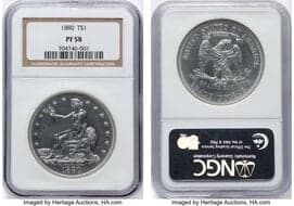 Proof Trade Dollars 1880 T$1 PR58 NGC. NGC Census: 14 in 58, 512 finer (4/26). CDN: $1,600 Whsle. Bid for NGC/PCGS...