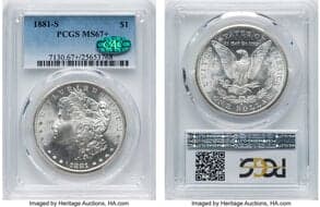Morgan Dollars 1881-S $1 MS67+ PCGS. CAC. CAC: 1357 in 67, 144 finer (5/26). CDN: $960 Whsle. Bid for NGC/PCGS MS67....