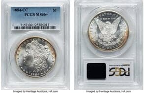 Morgan Dollars 1884-CC $1 MS66+ PCGS. CDN: $870 Whsle. Bid for NGC/PCGS MS66. Mintage 1,136,000. ...