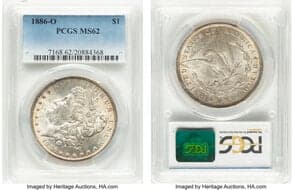 Morgan Dollars 1886-O $1 MS62 PCGS. CDN: $1,600 Whsle. Bid for NGC/PCGS MS62. Mintage 10,710,000. ...