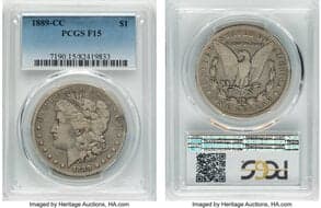 Morgan Dollars 1889-CC $1 Fine 15 PCGS. CDN: $1,350 Whsle. Bid for NGC/PCGS Fine 15. Mintage 350,000. From The Cole...