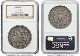 Morgan Dollars 1889-CC $1 VF20 NGC. CDN: $1,650 Whsle. Bid for NGC/PCGS VF20. Mintage 350,000. From The Cole Carter...