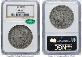 Morgan Dollars 1889-CC $1 VF30 NGC. CAC. CAC: 83 in 30, 349 finer (5/26). CDN: $2,300 Whsle. Bid for NGC/PCGS VF30....