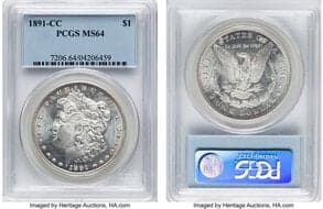 Morgan Dollars 1891-CC $1 MS64 PCGS. VAM-2. CDN: $1,500 Whsle. Bid for NGC/PCGS MS64. Mintage 1,618,000. ...