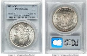 Morgan Dollars 1891-CC $1 Spitting Eagle, VAM-3, MS64 PCGS. A Top 100 Variety. CDN: $1,500 Whsle. Bid for NGC/PCGS...