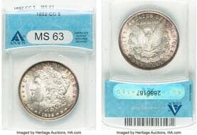 Morgan Dollars 1892-CC $1 MS63 ANACS. VAM-9. Mintage 1,352,000. From The Brown Family Collection. ...