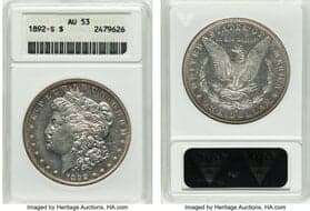 Morgan Dollars 1892-S $1 AU53 ANACS. Housed in a small-sized holder. Mintage 1,200,000. From The Cole Carter...