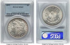 Morgan Dollars 1893 $1 MS62 PCGS. CDN: $1,750 Whsle. Bid for NGC/PCGS MS62. Mintage 389,792. ...