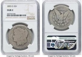 Morgan Dollars 1893-S $1 Fair 2 NGC. NGC Census: 42 in 2, 3945 finer (5/26). CDN: $2,300 Whsle. Bid for NGC/PCGS Fair...