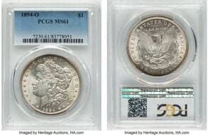 Morgan Dollars 1894-O $1 MS61 PCGS. CDN: $2,300 Whsle. Bid for NGC/PCGS MS61. Mintage 1,723,000. From The Cole...