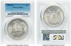 Morgan Dollars 1896-O $1 MS61 PCGS. CDN: $1,600 Whsle. Bid for NGC/PCGS MS61. Mintage 4,900,000. ...