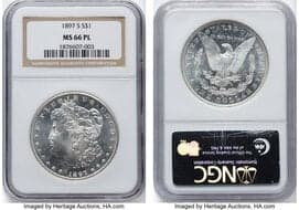 Morgan Dollars 1897-S $1 MS66 Prooflike NGC. NGC Census: 26 in 66 (1 in 66+, 2 in 66★), 2 finer (4/26). CDN: $1,900...