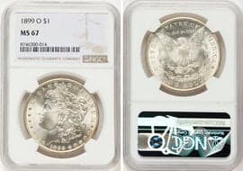Morgan Dollars 1899-O $1 MS67 NGC. CDN: $2,000 Whsle. Bid for NGC/PCGS MS67. Mintage 12,290,000. ...