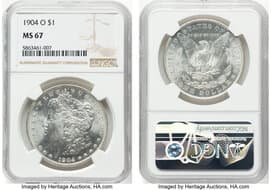 Morgan Dollars 1904-O $1 MS67 NGC. CDN: $2,200 Whsle. Bid for NGC/PCGS MS67. Mintage 3,720,000. ...
