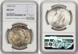 Peace Dollars 1922-S $1 MS65+ NGC. CDN: $1,000 Whsle. Bid for NGC/PCGS MS65. Mintage 17,475,000. ...