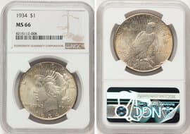 Peace Dollars 1934 $1 MS66 NGC. CDN: $2,200 Whsle. Bid for NGC/PCGS MS66. Mintage 954,057. ...