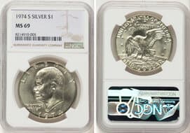 Eisenhower Dollars 1974-S $1 Silver MS69 NGC. NGC Census: 43 in 69, 0 finer (5/26). CDN: $3,800 Whsle. Bid for...