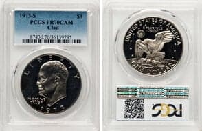 Proof Eisenhower Dollars 1973-S $1 Clad PR70 Cameo PCGS. PCGS Population: 4 in 70 Cameo (5/26). CDN: $1,400 Whsle. Bid...