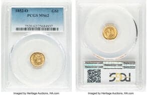 Gold Dollars 1852-O G$1 MS62 PCGS. PCGS Population: 43 in 62 (3 in 62+), 37 finer (4/26). CDN: $2,200 Whsle. Bid for...