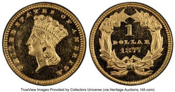 Gold Dollars 1877 G$1 MS63 Prooflike PCGS. PCGS Population: 5 in 63, 1 finer (5/26). CDN: $2,200 Whsle. Bid for...