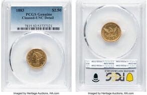 Liberty Quarter Eagles 1883 $2 1/2 -- Cleaned -- PCGS Genuine. Unc Details. Mintage 1,920. ...