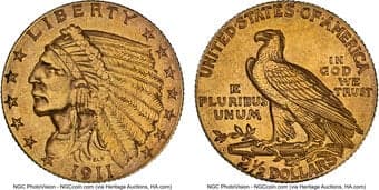 Indian Quarter Eagles 1911-D $2 1/2 Strong D -- Cleaned -- NGC Details. AU. Mintage 55,680. ...