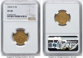 Three Dollar Gold Pieces 1854-O $3 XF40 NGC. Variety 2. NGC Census: 81 in 40, 814 finer (6/26). CDN: $2,800 Whsle. Bid...