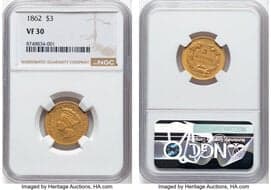 Three Dollar Gold Pieces 1862 $3 VF30 NGC. NGC Census: 2 in 30, 236 finer (6/26). CDN: $2,500 Whsle. Bid for NGC/PCGS...
