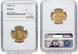Liberty Half Eagles 1848 $5 AU55+ NGC. NGC Census: 85 in 55 (2 in 55★+), 156 finer (5/26). CDN: $1,495.39 Whsle. Bid...