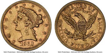 Liberty Half Eagles 1868 $5 XF45 NGC. NGC Census: 10 in 45, 47 finer (6/26). CDN: $2,400 Whsle. Bid for NGC/PCGS XF45....