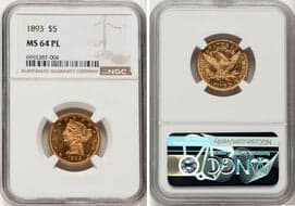 Liberty Half Eagles 1893 $5 MS64 Prooflike NGC. NGC Census: 7 in 64, 0 finer (5/26). Mintage 1,528,197. ...