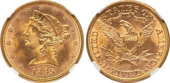 Liberty Half Eagles 1895 $5 MS65+ NGC. NGC Census: 89 in 65 (4 in 65+), 17 finer (6/26). CDN: $1,710 Whsle. Bid for...