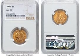 Indian Half Eagles 1909 $5 MS63 NGC. CDN: $1,500 Whsle. Bid for NGC/PCGS MS63. Mintage 627,138. ...